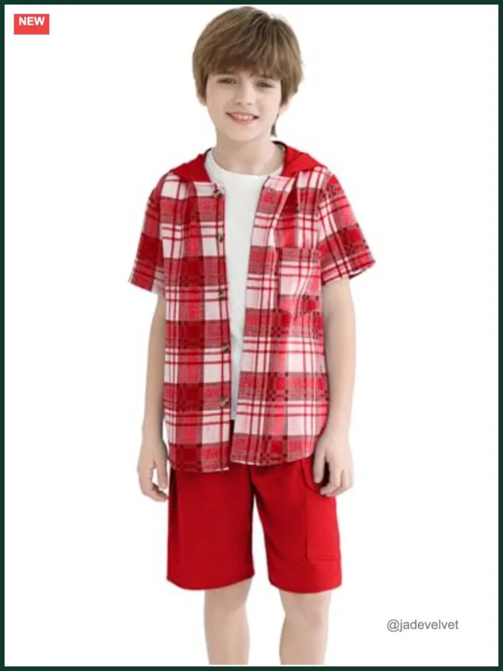 Boys Plaid Hooded Button Shirt and Jogger Shorts Set 2-Piece Summer Outfit